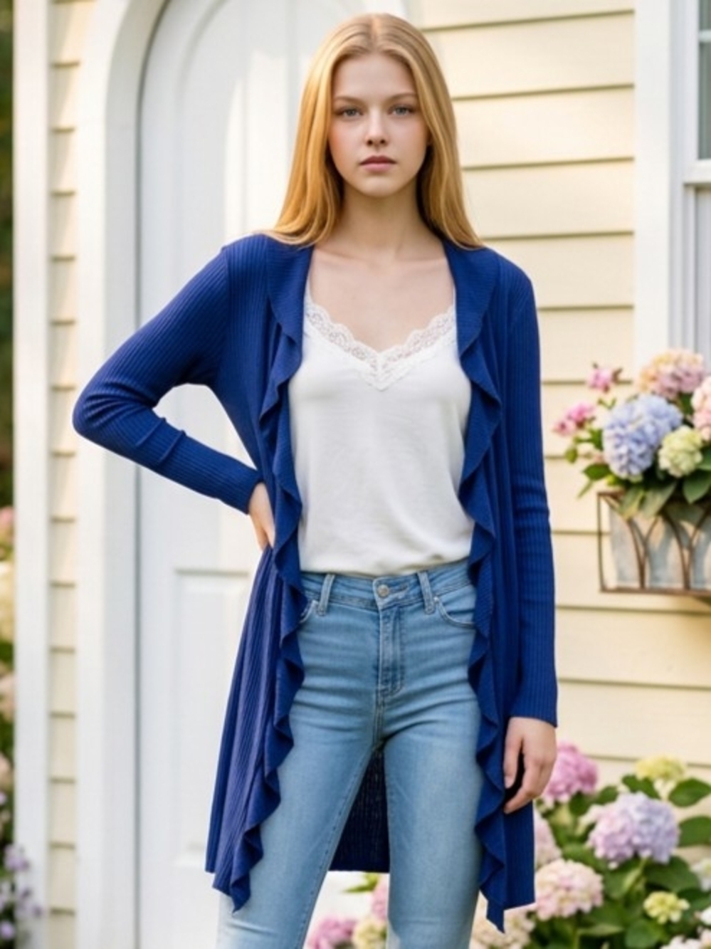 INC International Concepts Royal Blue Ribbed Knit Open-Front Cardigan M EUC